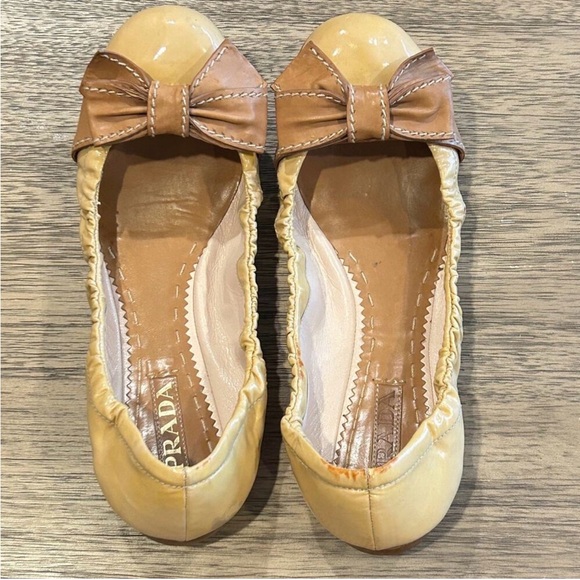 Prada Shoes - Prada Women's Yellow and Brown Flats with Bow- size 39.5